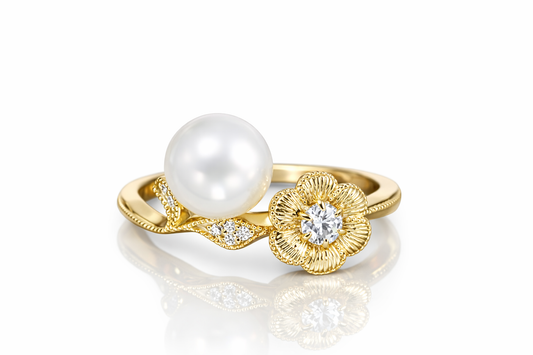 Spring Reverie — Pearl & Moissanite Ring (925 Silver, Gold Plated)