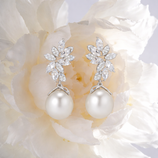 925 Sterling Silver Pearl Flower Drop Earrings – Elegant Bridal Jewelry