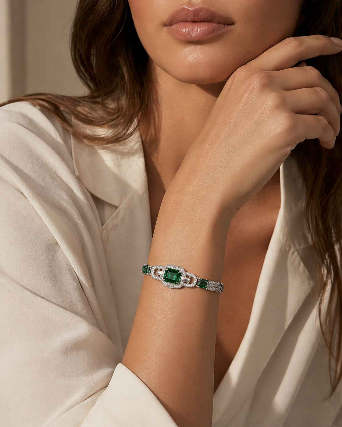 Emerald Link Bracelet 925 Sterling Silver Green Zircon