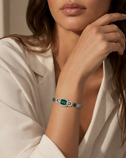 Emerald Link Bracelet 925 Sterling Silver Green Zircon