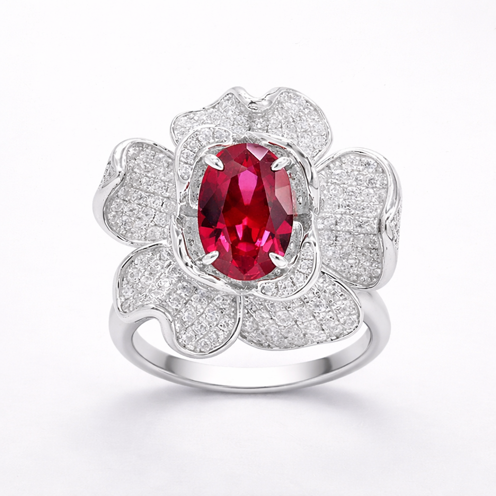 Royal Bloom — Oval Ruby Flower Ring 925 Sterling Silver Rhodium Plated