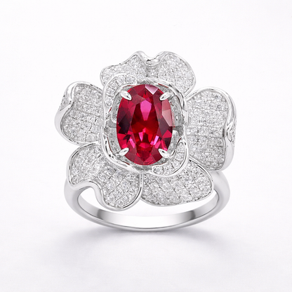 Royal Bloom — Oval Ruby Flower Ring 925 Sterling Silver Rhodium Plated