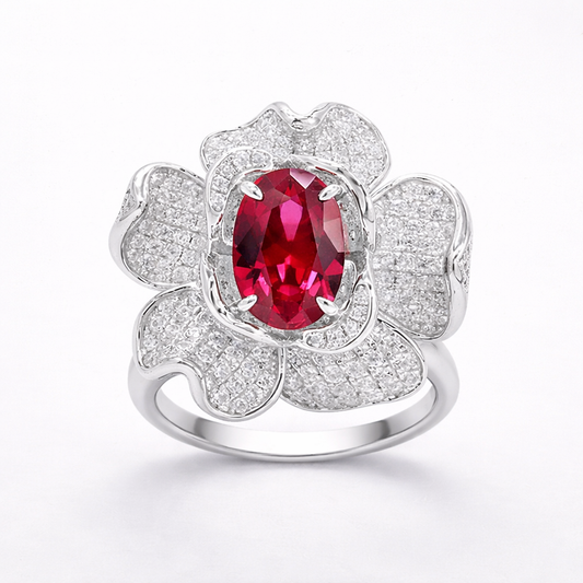 Royal Bloom — Oval Ruby Flower Ring 925 Sterling Silver Rhodium Plated