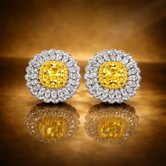 Yellow Moissanite Earing's 7x7mm Cushion Cut Halo – 925 Sterling Silver | Éclat Soleil™