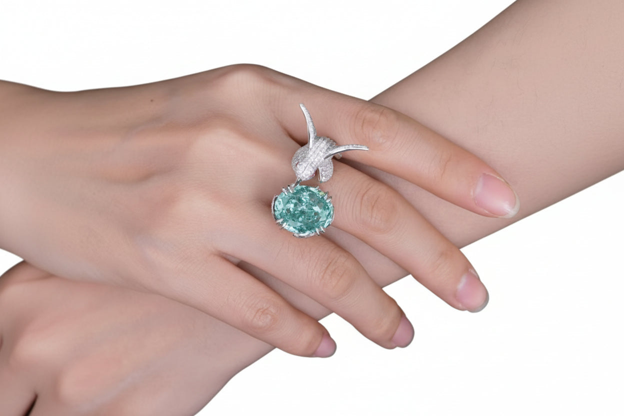 Paraiba Green Zirconia Bird Ring in 925 Sterling Silver