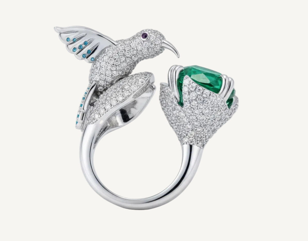 Paraiba Green Zirconia Bird Ring in 925 Sterling Silver